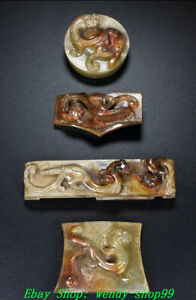 Old Chinese Dynasty Natural Hetian Jade Dragon Pixiu Beast Sword Sccessories Set