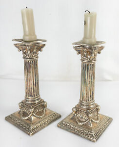 Antique English Sheffield Silverplate Corinthian Column Candlestick Holders