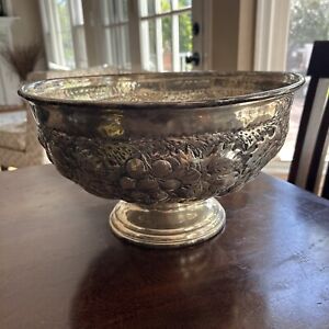 Large Silver Plate Hammered Grapevine Punch Bowl Made In India
