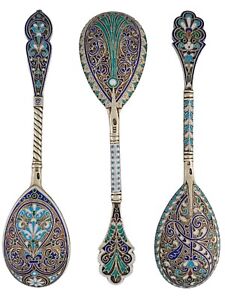 3 Elaborate Russian 88 Silver Spoons W Incredible Cloisonne Enamel Signed Ak