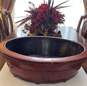 Antique Large Chinese Red And Black Wood Bowl Basin With Bronze Braces 26 Wide