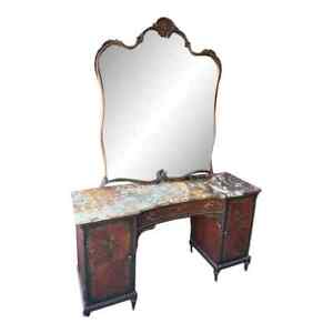Antique American Mahogany Hand Painted Marble Top Vanity With Mirror