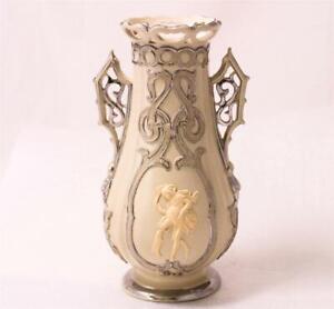 Antique Early Mettlach Villeroy Boch Vase W Platinum Accents 319 C1860s 6 75 