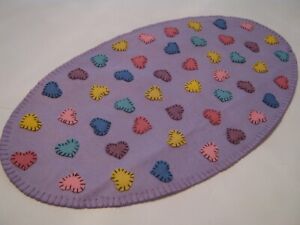 Primitive Wool Applique Easter Spring Hearts Long Oval Penny Rug Table Runner