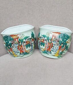 A Pair Celadon Republic Of China Ju Ren Tang Garden Porcelain Wall Flower Pot