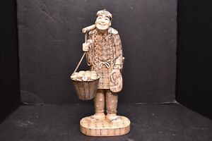 Vtg Chinese Hand Carved Bone Fruit Vendor Man Japanese Statue Figure Signed 11 