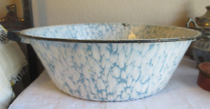 Antique Graniteware Enamelware Blue Swirl 16 Round Wash Basin Tub With Handles