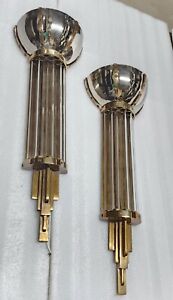 Pair Old Vintage Art Deco Nickel Brass Glass Rod Ship Light Wall Sconces Lamp