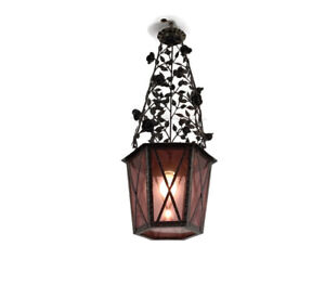 Pendant Lantern Cranberry Art Glass Ceiling Light Wrought Iron Rose Leafs Gorgeo