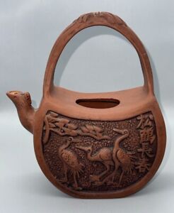 Vintage Japanese Red Clay Tea Pot With Cranes And Handle Signed