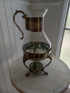 Vintage Silver Plate Glass Coffee Tea Carafe Pitcher W Footed Warmer Stand