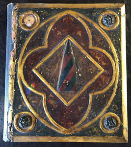  Rare Early 19th C Handmade Gilt Wood Leather Guest Book Medieval Style Wiccan