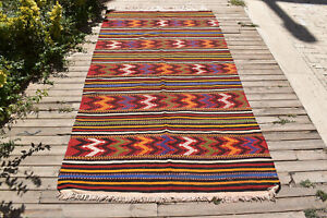 Turkish Geometric Rug Handwoven 4x9 Cicim Kilim Natural Wool Area Rug 140x275cm