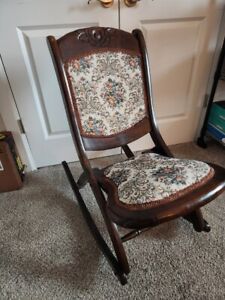 Antique Victorian Tapestry Carved Wood Folding Rocking Chair
