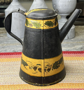 Antique Folk Art Tole Painted Oak Leaf Acorn Painted Tin Coffee Pot Pitcher