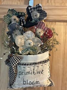 Primitive Rustic Farmhouse Homemade Burlap Bag With Flowers And Crow
