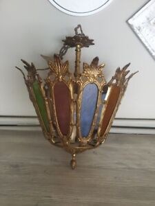 Antique Vintage Brass Chandelier Lamp Lighting Glass Lighting