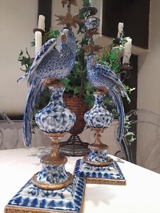 Pair Of Blue And White Porcelain Bronze Parrot Candle Candelabras Holder S