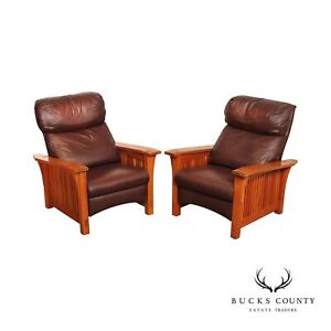 Stickley Mission Collection Pair Of Cherry And Leather Spindle Morris Recliners