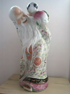 Vtg Chinese Porcelain Fu Shen Happiness Scroll Handpted Peaches Figurine 18 T