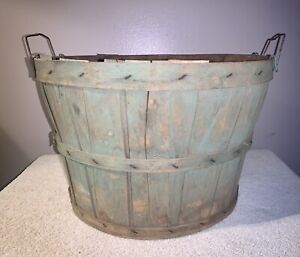 Antique Vintage Basket Apple Fruit Gathering Farm Old Green Paint