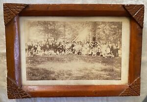 Primitive Folk Art Carved Picture Frame Early Photo Of Family Picnic C 1900
