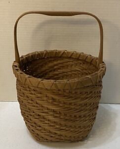 Late 19th American Folk Art Primitive Splnt Blk Ash Gthring Basket 8 X 11 X 6