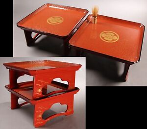 Vintage Japanese Lacquerware Wooden Red Tray Table 2pcs Samurai Symbol Pattern