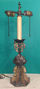 Signed Chinese Antique Asian Metal Pewter Candlestick Lamp
