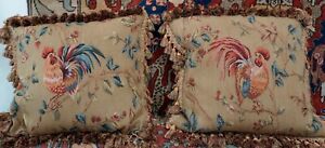 Two Aubosson Tapestry Pillows Rooster Left Right With Zipper Filling 20 X 20 