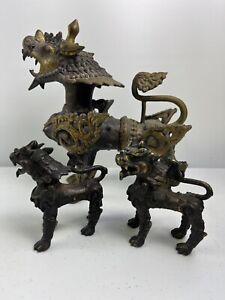 Set Of 3 Vintage Chinese Brass Foo Fu Dog Dragons Pi Xiu Lion Heavy