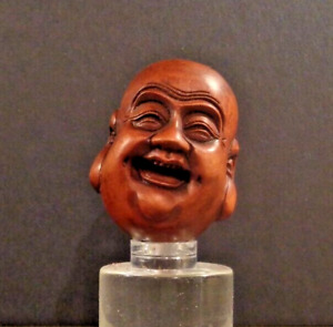 Vintage Japanese Carved Boxwood Laughing Buddha Head Bead Amulet Netsuke