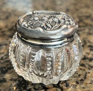 Vintage Sterling Silver Top Crystal Powder Jar Monogrammed