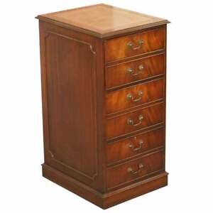 Lovely Flamed Mahogany Large Three Drawer Filing Cabinet With Brown Leather Top