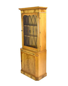 Vintage Neoclassical Burled Wood Mahogany Narrow Slim Vitrine Curio Cabinet