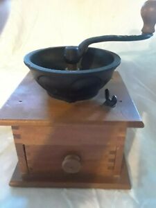 Vintage Coffee Bean Grinder Mill Hand Crank Box Joint Dovetail Wood Cast Iron