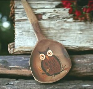 Handpainted Owl Antique Primitive Wooden Treen Batter Spoon Halloween Decor