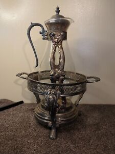 Vintage Silver Plated Glass Coffee Tea Carafe Pot With Metal Warmer Stand