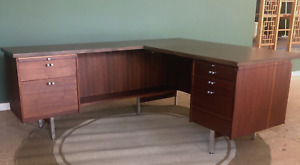 Vintage Mid Century Modern Desk L Shape Walnut Lehigh Leopold Charles Deaton