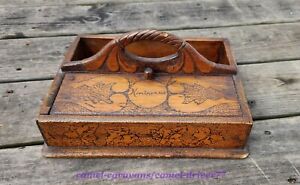 Antique Hand Carved Wooden Knife Tray Caddy Box W Handle Lid Poker Work Signed