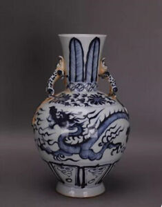 Vivid Chinese Hand Painting Blue White Porcelain Dragon Two Ear Vase