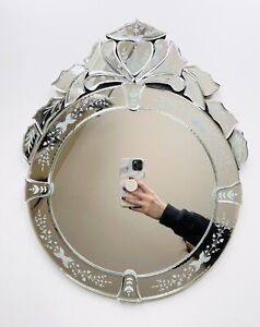 Vintage Venetian Mirror Wall Mirror Crested Cut Beveled Designs 18 X 14 5 