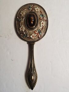Hand Held Ornate Mirror Brass Cloissnne Art Work Great Condition