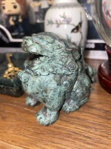 A Mottled Green Brass Chinese Foo Dog Luduan Form Incense Burner 20th Century