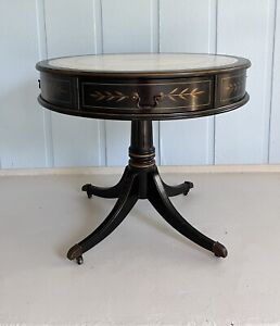 Rare Find Vtg Black White Gold Drum Table W Leather Top A Drawer Casters