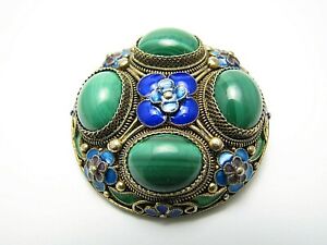 Chinese Export Sterling Silver Brooch Malachite Enamel Filigree Asia China 1900s