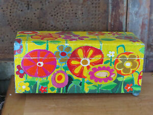 Vintage 60 S 70s Wooden Double Sided Recipe Box Hippie Colorful Flowers Folk Art