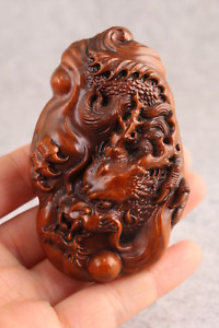 Asian Hand Carved Boxwood Statue Netsuke Figurine Wooden Dragon Two Face Same