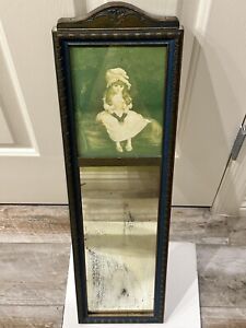 Antique French Trumeau Long Mirror Gilded With Delft Blue Accents 27 Tall
