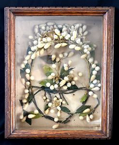 Victorian Antique French Wax Flower Bridal Crown Shadow Box From 1880th